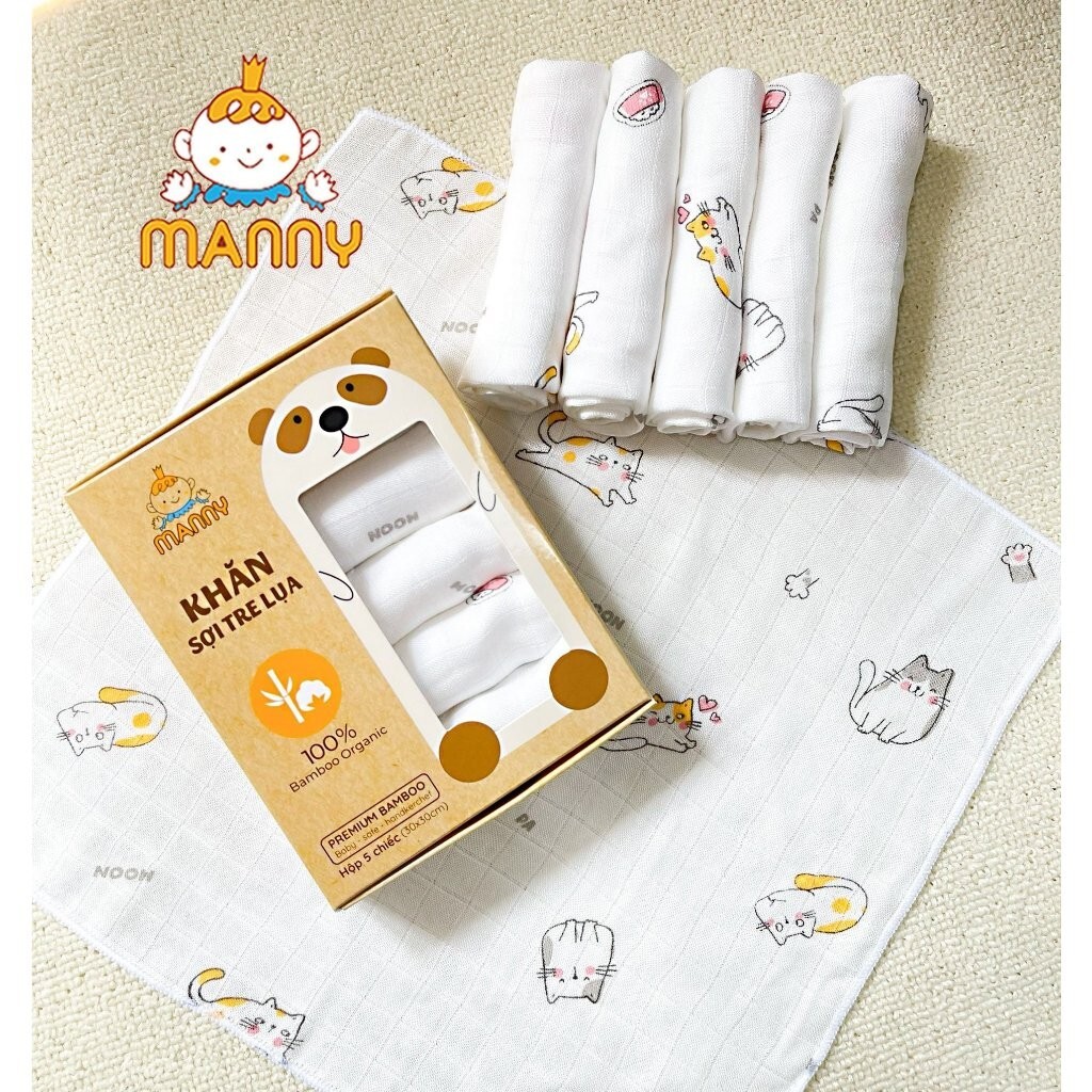 Hộp 5 Khăn Sữa Sợi Tre 2 Lớp MANNY Cao Cấp 30x30cm
