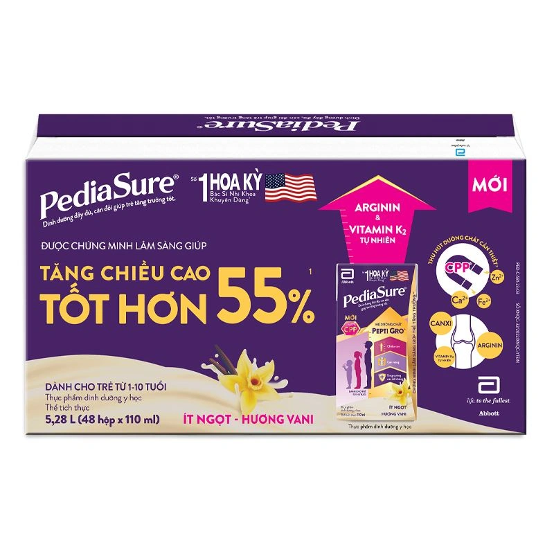 Thùng 48 hộp sữa pha sẵn Abbott PediaSure hương vani 110 ml (1 - 10 tuổi)