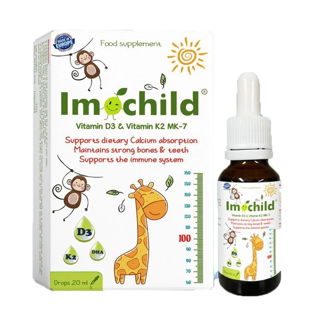 Imochild D3K2, DHA – Giúp trẻ hấp thu canxi, phát triển hệ xương răng chắc khỏe (Chai 20ml)