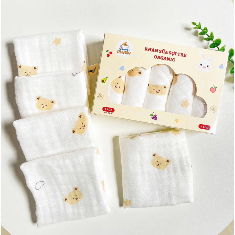 Hộp 5 Khăn Sữa Sợi Tre 4 Lớp Manny Organic Size 30x 30cm
